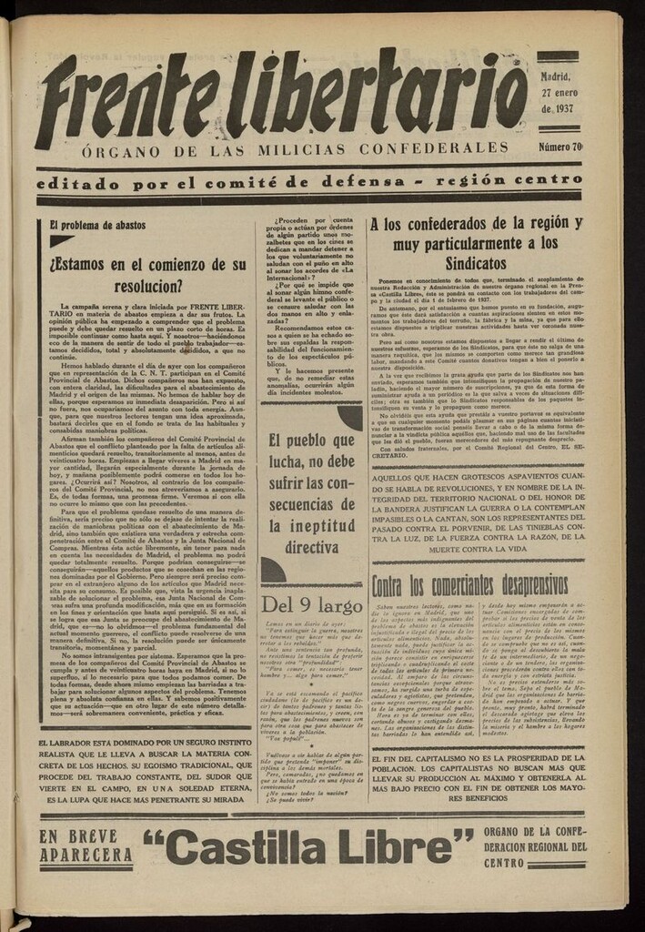 Miniatura de Frente Libertario: Órgano de las Milicias Confederales del 27 de enero de 1937