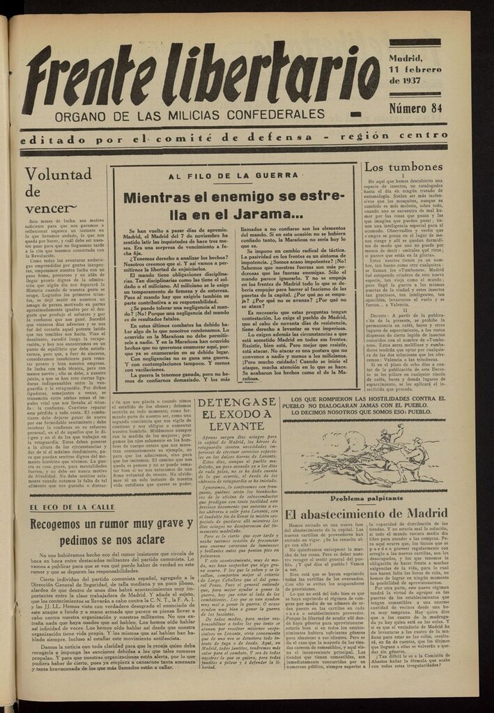Miniatura de Frente Libertario: Órgano de las Milicias Confederales del 11 de febrero de 1937
