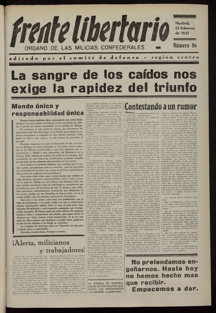 Miniatura de Frente Libertario: Órgano de las Milicias Confederales del 13 de febrero de 1937