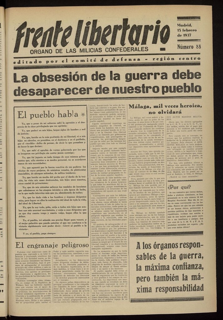Miniatura de Frente Libertario: Órgano de las Milicias Confederales del 15 de febrero de 1937