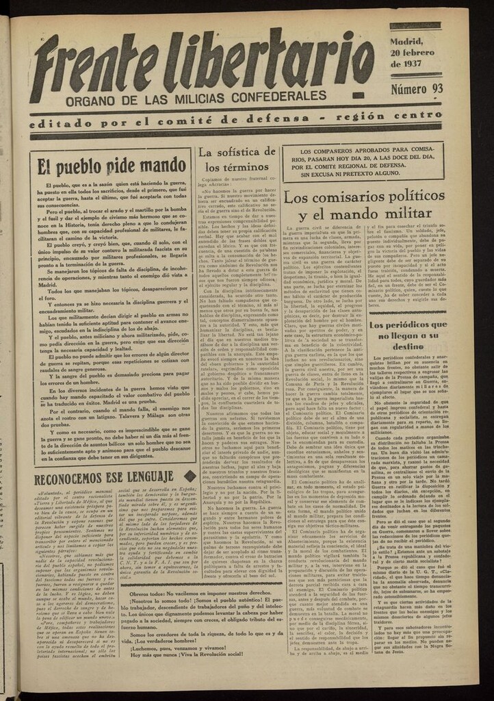 Miniatura de Frente Libertario: Órgano de las Milicias Confederales del 20 de febrero de 1937