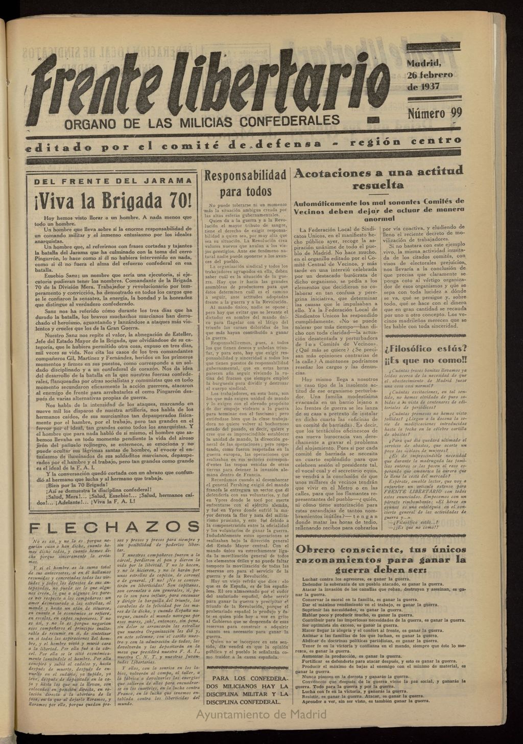 Miniatura de Frente Libertario: Órgano de las Milicias Confederales del 26 de febrero de 1937