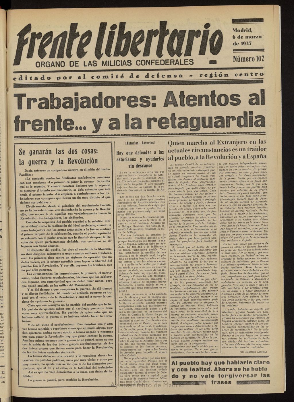Miniatura de Frente Libertario: Órgano de las Milicias Confederales del 6 de marzo de 1937