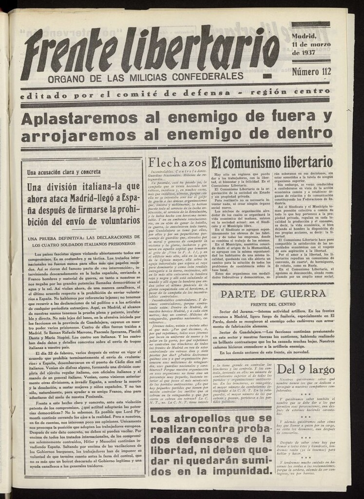 Miniatura de Frente Libertario: Órgano de las Milicias Confederales del 11 de marzo de 1937