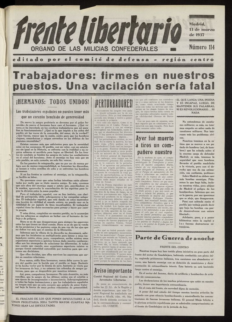 Miniatura de Frente Libertario: Órgano de las Milicias Confederales del 13 de marzo de 1937
