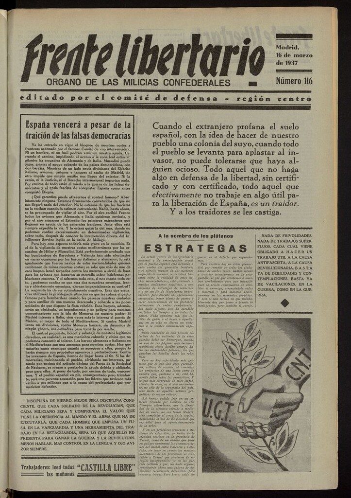 Miniatura de Frente Libertario: Órgano de las Milicias Confederales del 16 de marzo de 1937