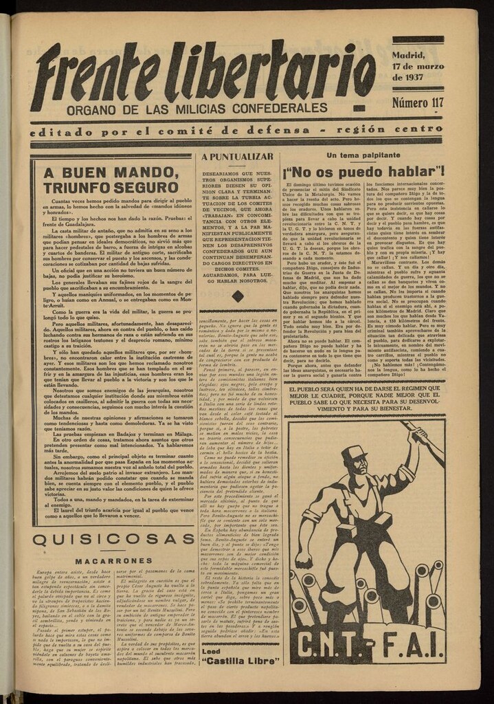 Miniatura de Frente Libertario: Órgano de las Milicias Confederales del 17 de marzo de 1937