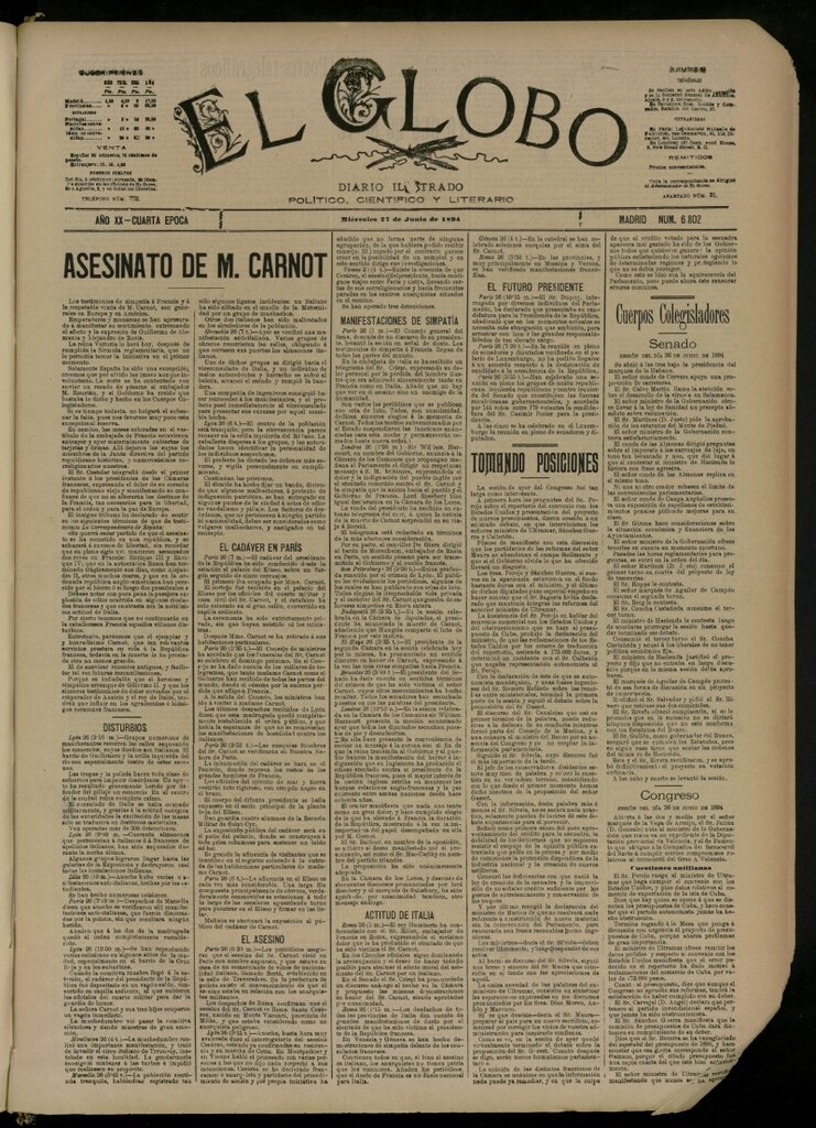 Miniatura de El Globo : diario ilustrado del 27 de junio de 1894, nº 6802