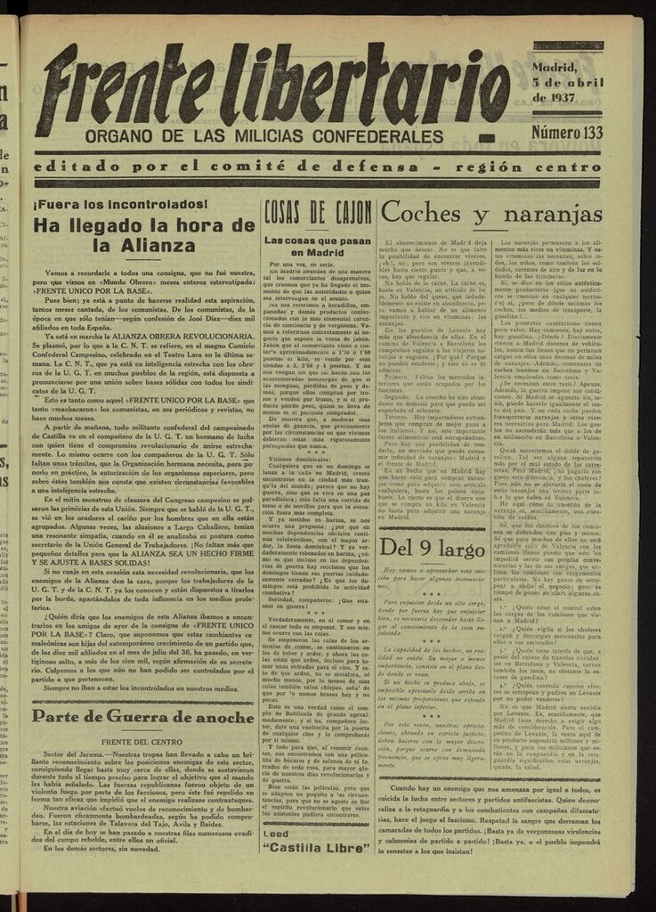 Miniatura de Frente Libertario: Órgano de las Milicias Confederales del 5 de abril de 1937
