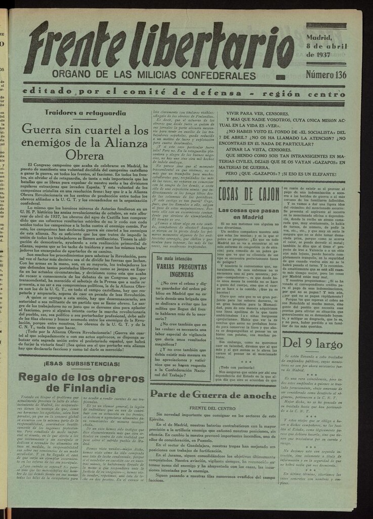 Miniatura de Frente Libertario: Órgano de las Milicias Confederales del 8 de abril de 1937