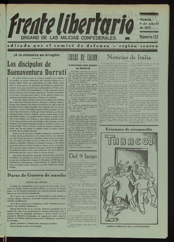 Miniatura de Frente Libertario: Órgano de las Milicias Confederales del 9 de abril de 1937