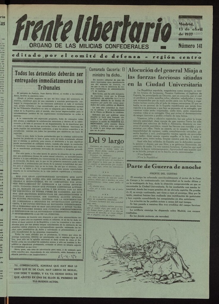 Miniatura de Frente Libertario: Órgano de las Milicias Confederales del 13 de abril de 1937