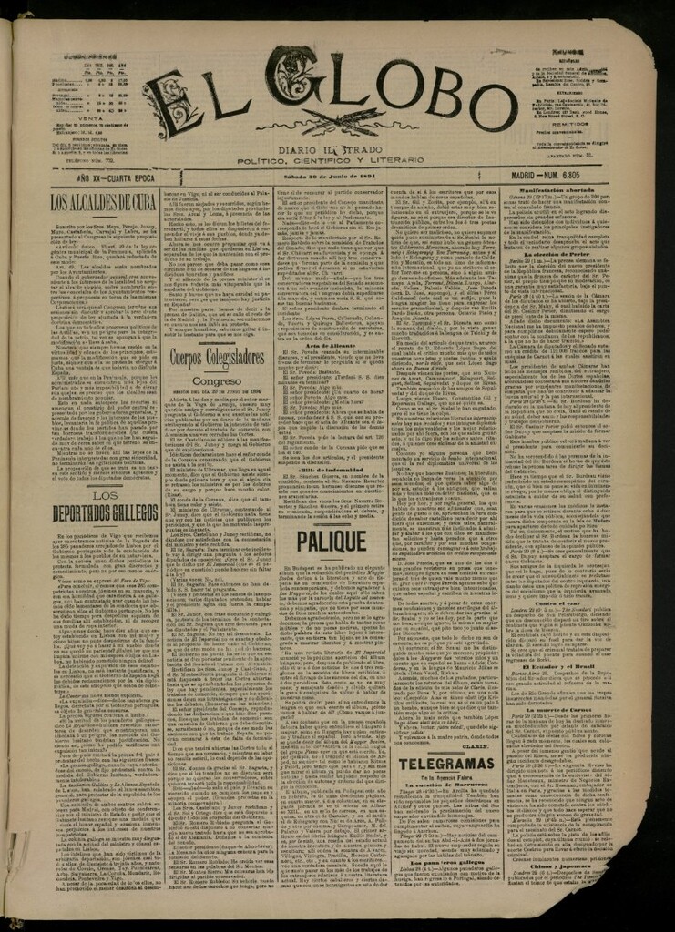 Miniatura de El Globo : diario ilustrado del 30 de junio de 1894, nº 6805