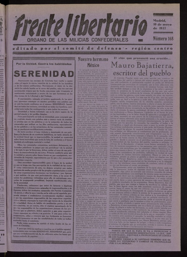 Miniatura de Frente Libertario: Órgano de las Milicias Confederales del 10 de mayo de 1937