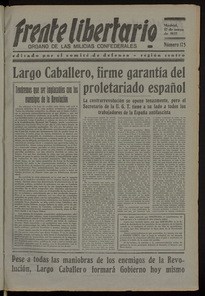 Miniatura de Frente Libertario: Órgano de las Milicias Confederales del 17 de mayo de 1937