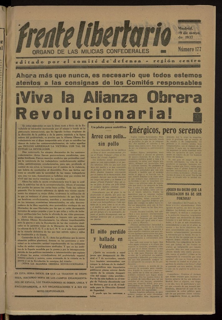 Miniatura de Frente Libertario: Órgano de las Milicias Confederales del 19 de mayo de 1937