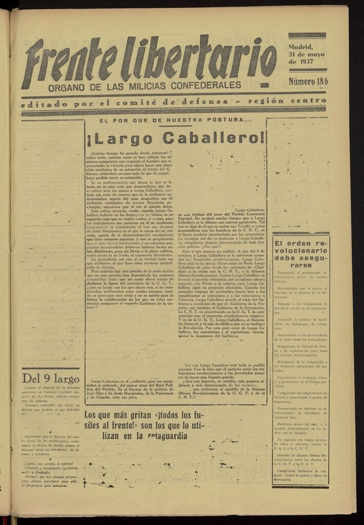 Miniatura de Frente Libertario: Órgano de las Milicias Confederales del 31 de mayo de 1937