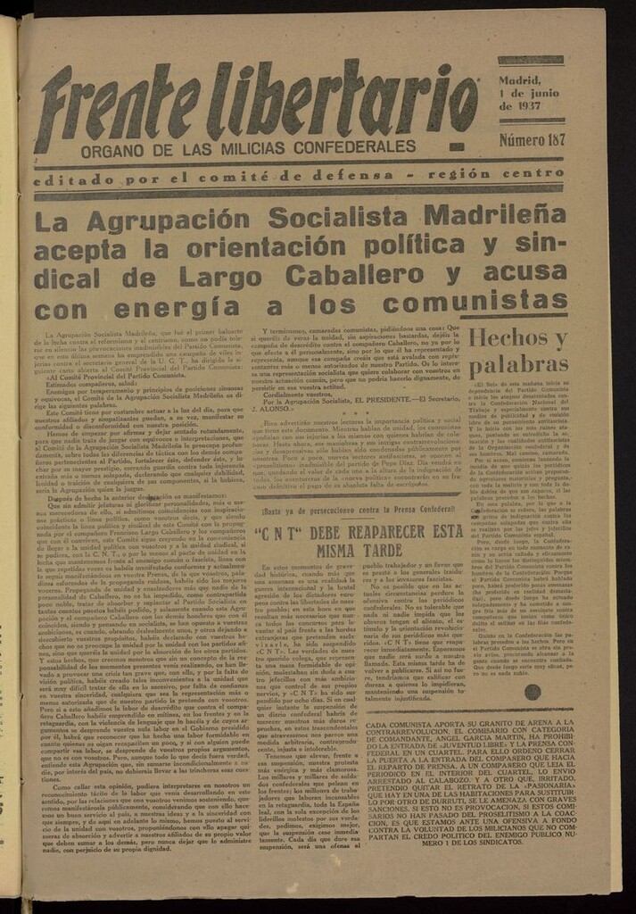 Miniatura de Frente Libertario: Órgano de las Milicias Confederales del 1 de junio de 1937
