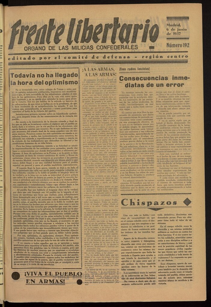Miniatura de Frente Libertario: Órgano de las Milicias Confederales del 6 de junio de 1937