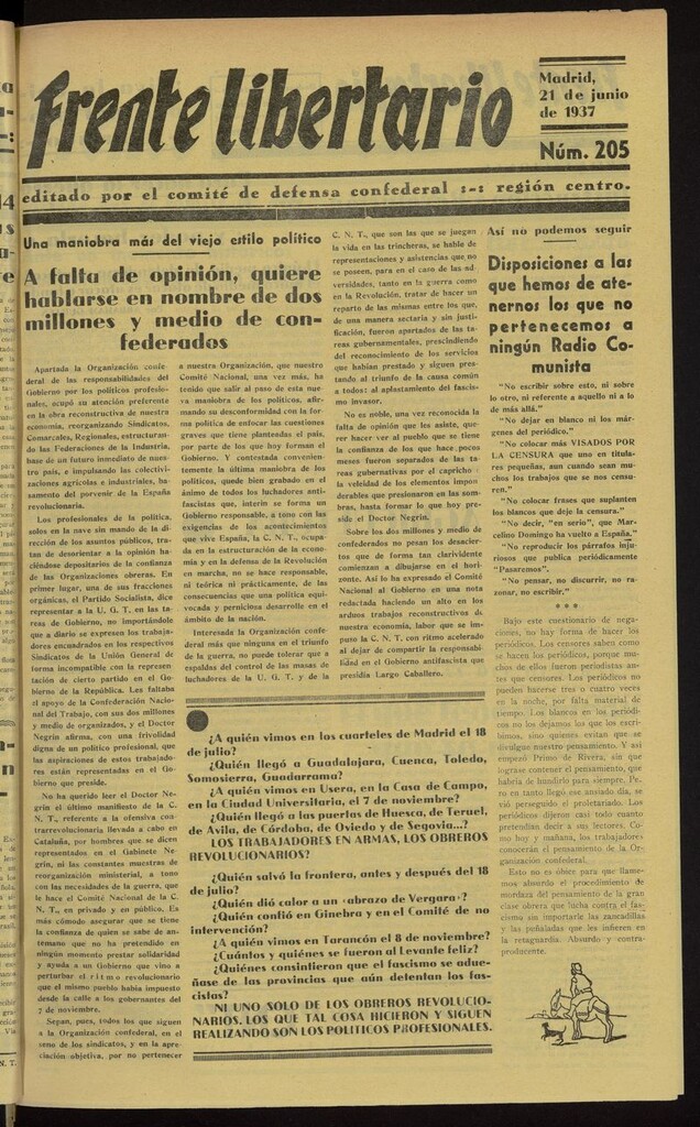 Miniatura de Frente Libertario: Órgano de las Milicias Confederales del 21 de junio de 1937