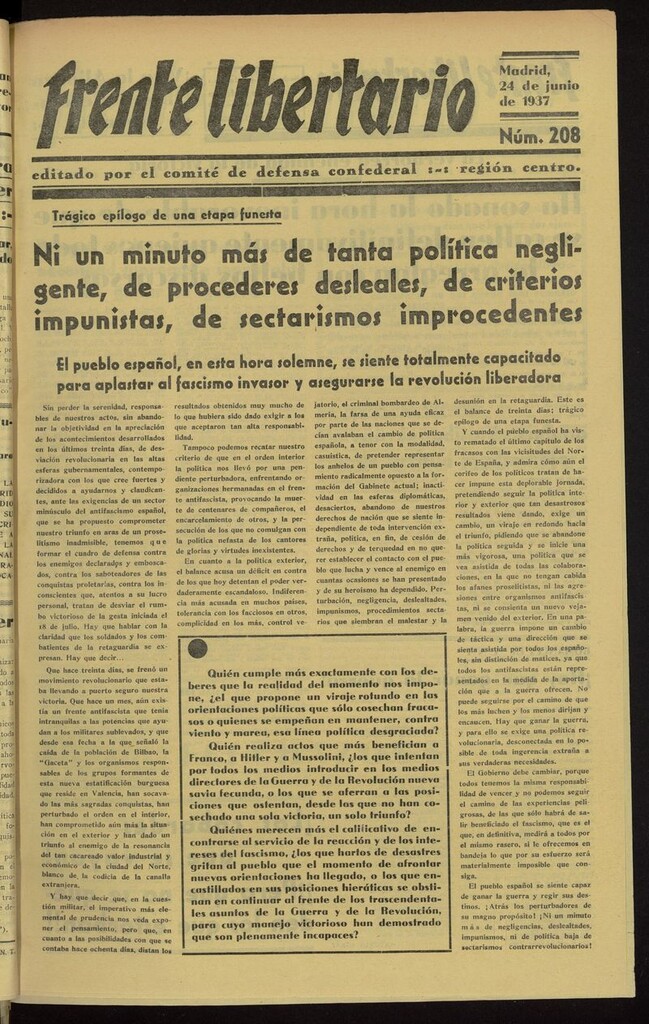 Miniatura de Frente Libertario: Órgano de las Milicias Confederales del 24 de junio de 1937