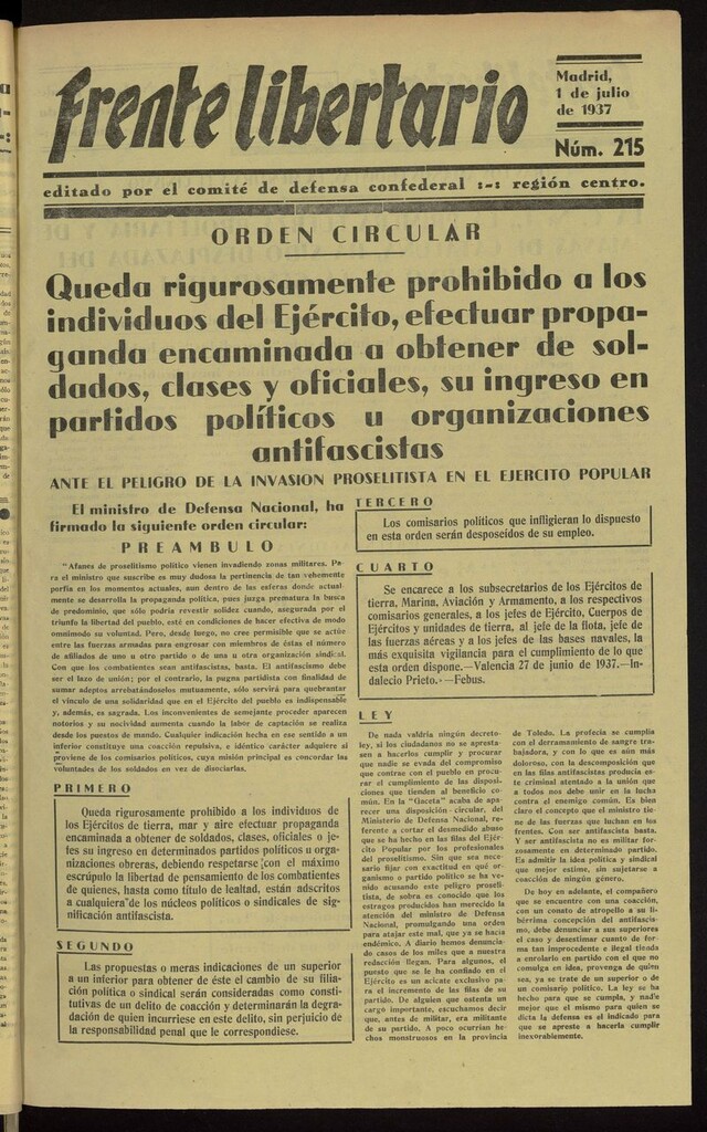 Miniatura de Frente Libertario: Órgano de las Milicias Confederales del 1 de julio de 1937
