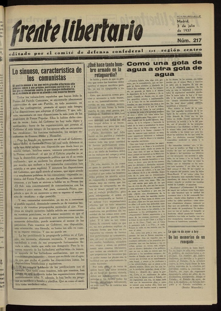 Miniatura de Frente Libertario: Órgano de las Milicias Confederales del 3 de julio de 1937