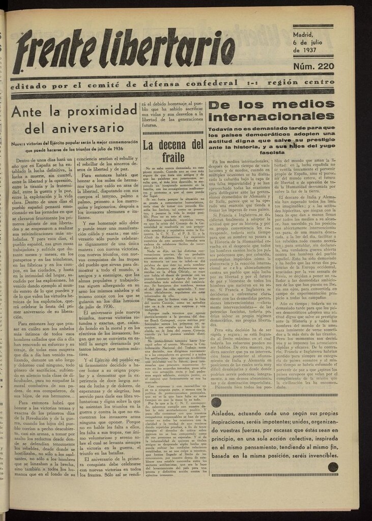 Miniatura de Frente Libertario: Órgano de las Milicias Confederales del 6 de julio de 1937