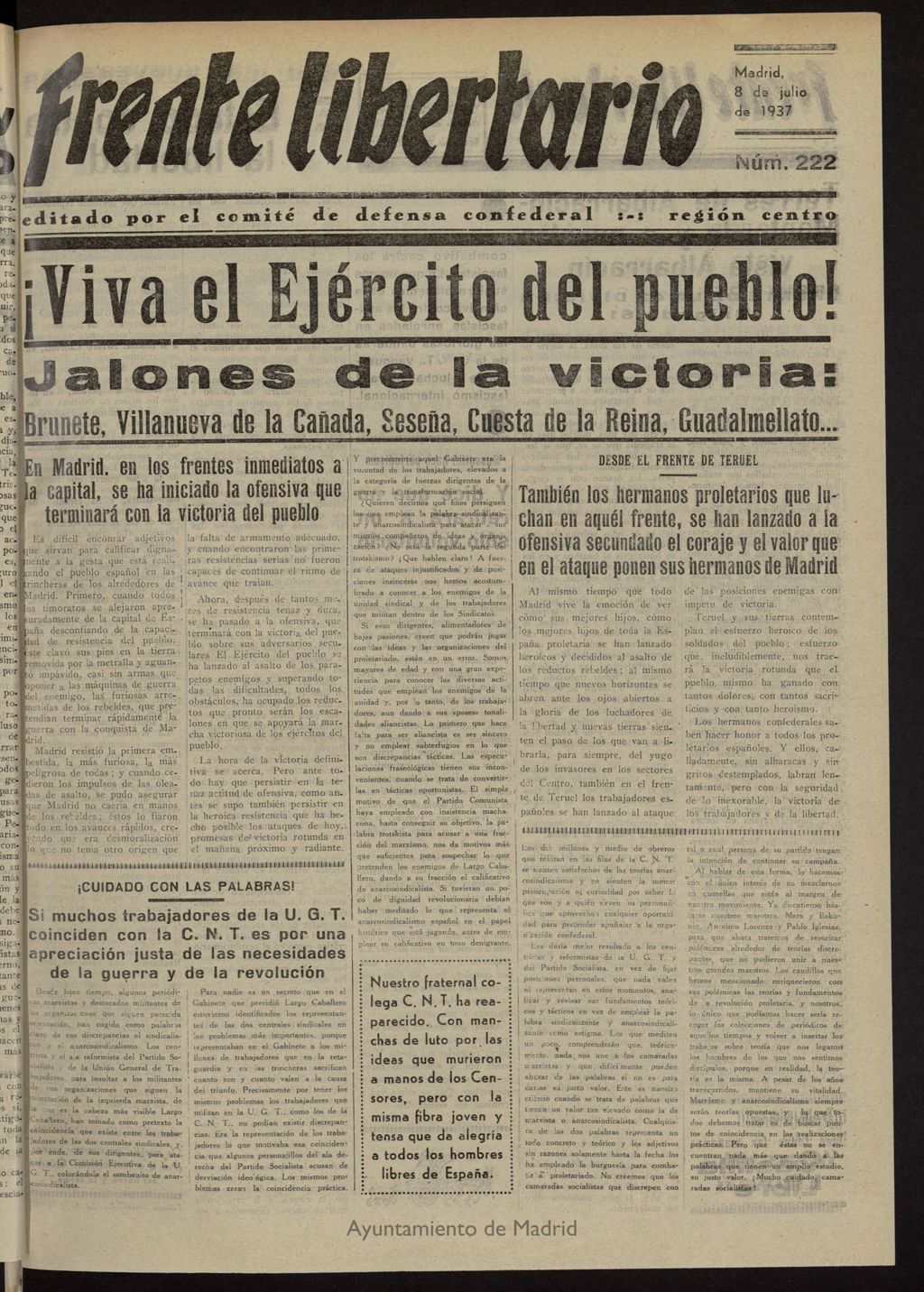 Miniatura de Frente Libertario: Órgano de las Milicias Confederales del 8 de julio de 1937