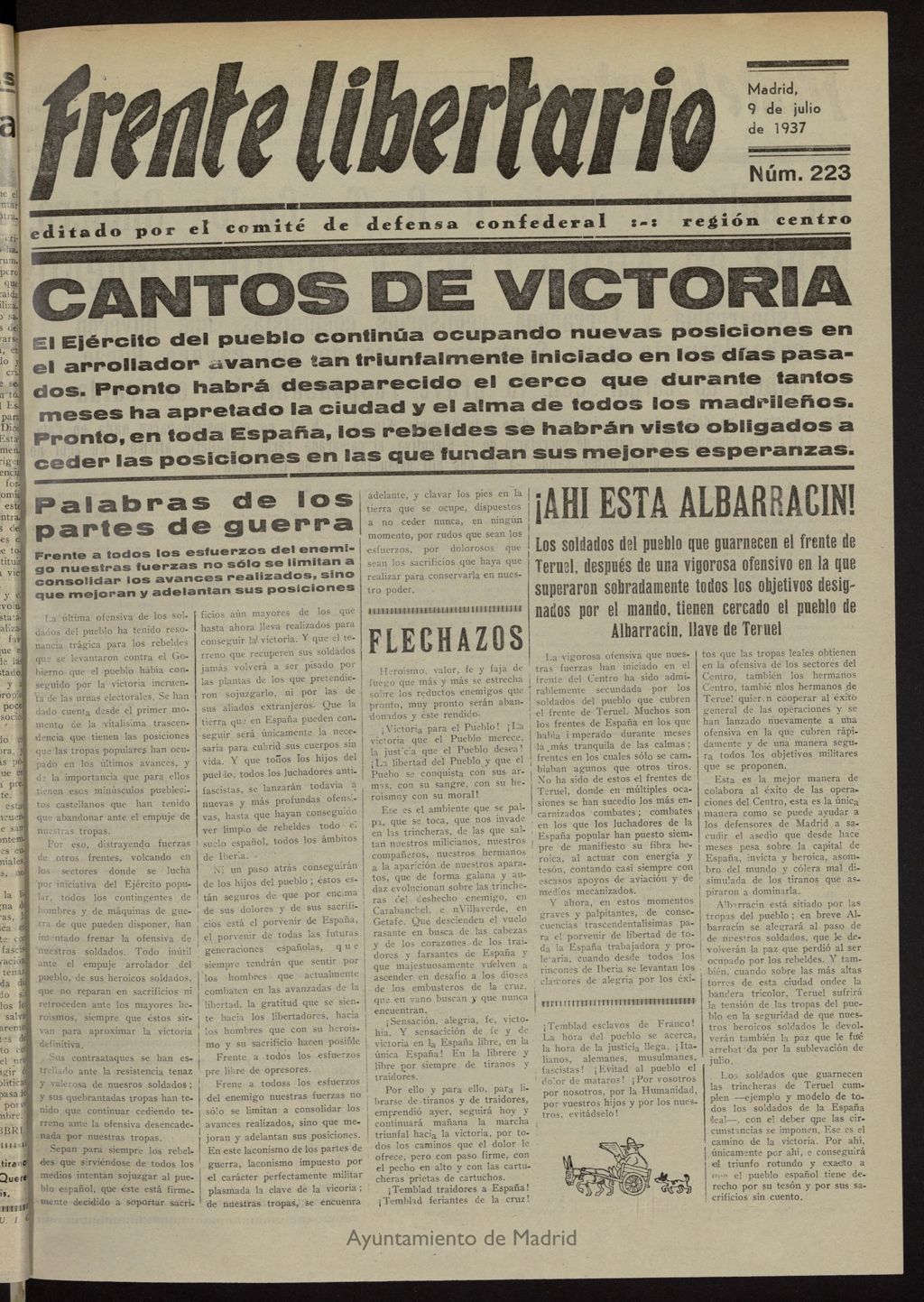 Miniatura de Frente Libertario: Órgano de las Milicias Confederales del 9 de julio de 1937