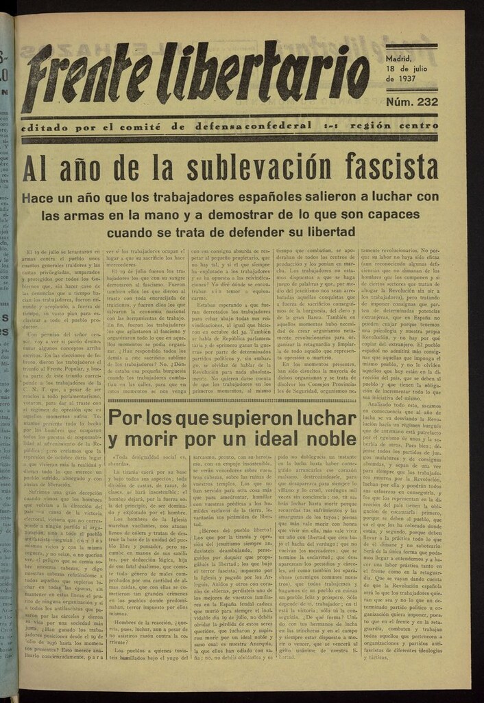 Miniatura de Frente Libertario: Órgano de las Milicias Confederales del 18 de julio de 1937