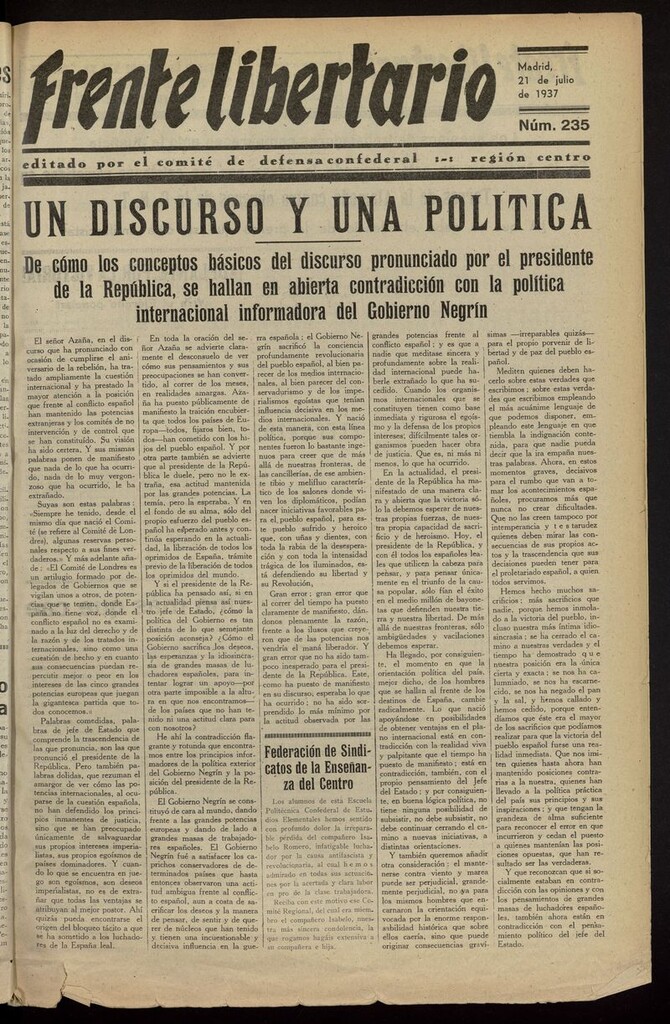 Miniatura de Frente Libertario: Órgano de las Milicias Confederales del 21 de julio de 1937