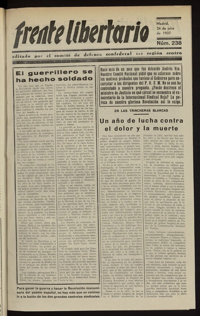 Miniatura de Frente Libertario: Órgano de las Milicias Confederales del 24 de julio de 1937