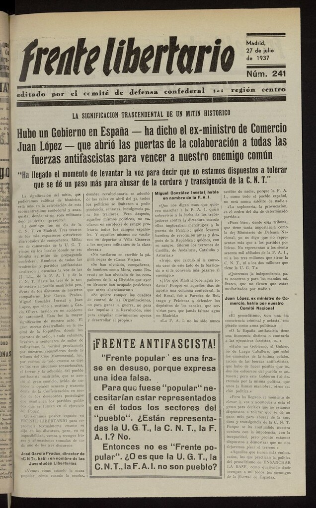 Miniatura de Frente Libertario: Órgano de las Milicias Confederales del 27 de julio de 1937