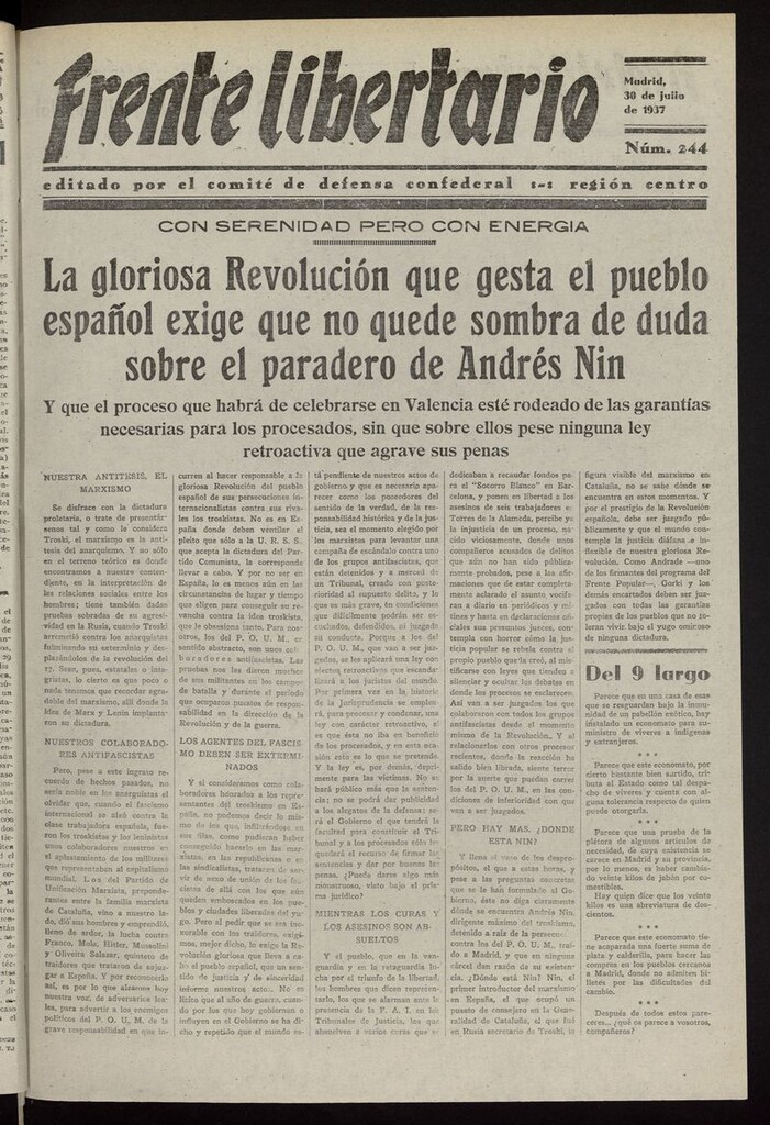 Miniatura de Frente Libertario: Órgano de las Milicias Confederales del 30 de julio de 1937