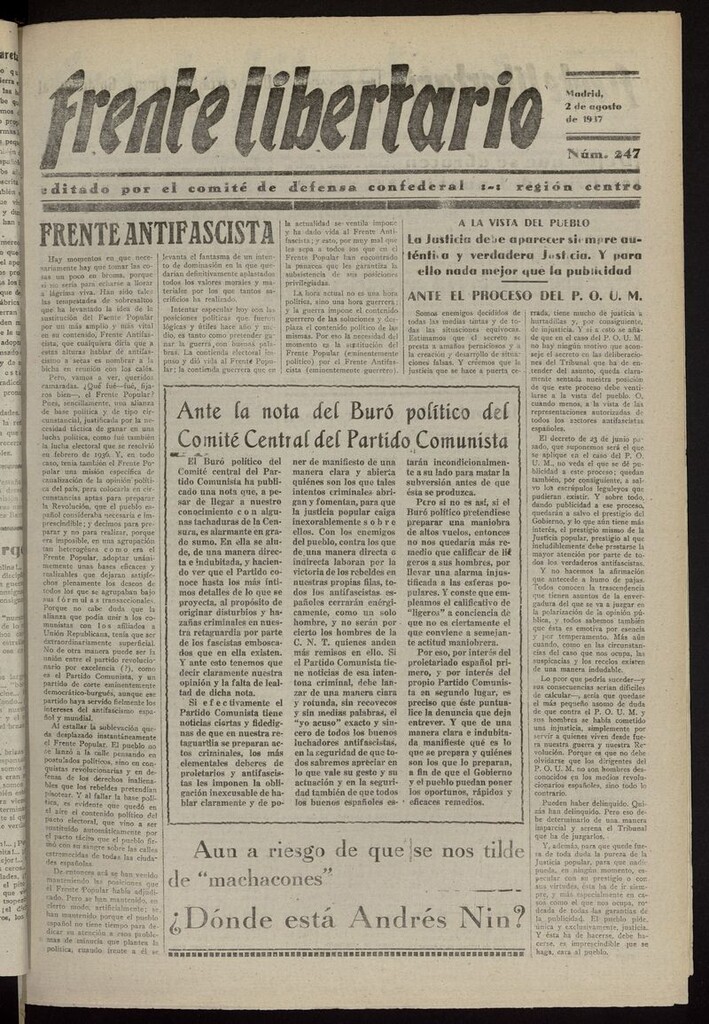 Miniatura de Frente Libertario: Órgano de las Milicias Confederales del 2 de agosto de 1937