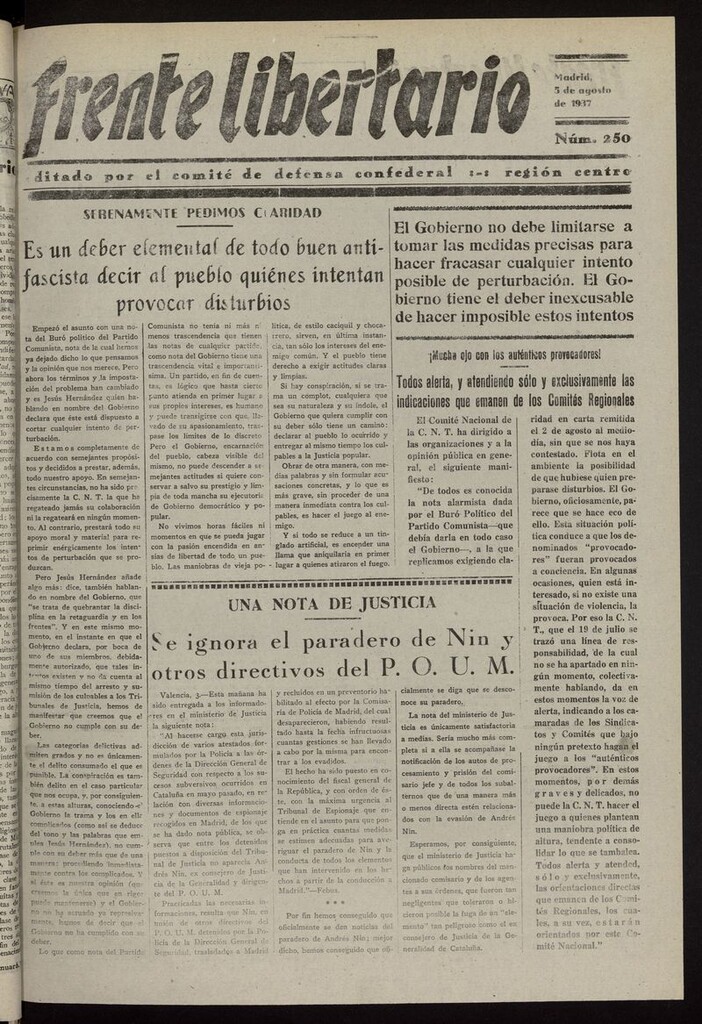 Miniatura de Frente Libertario: Órgano de las Milicias Confederales del 5 de agosto de 1937