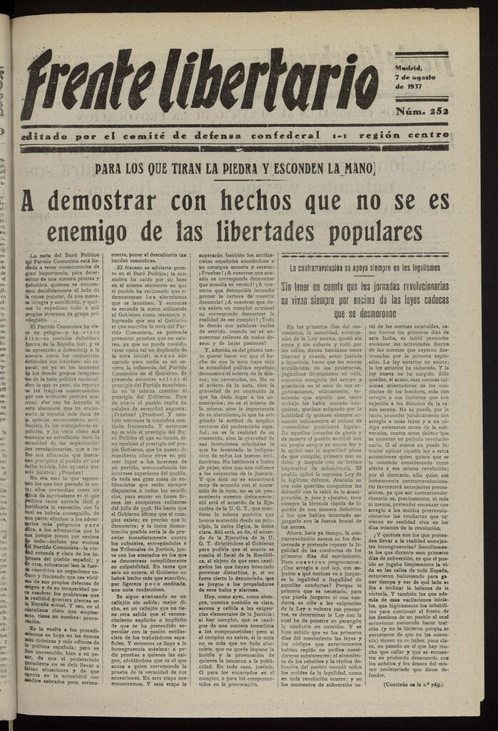 Miniatura de Frente Libertario: Órgano de las Milicias Confederales del 7 de agosto de 1937