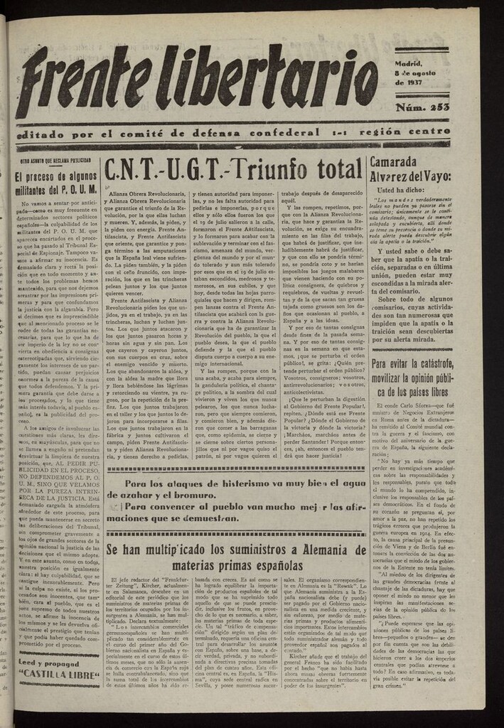 Miniatura de Frente Libertario: Órgano de las Milicias Confederales del 8 de agosto de 1937
