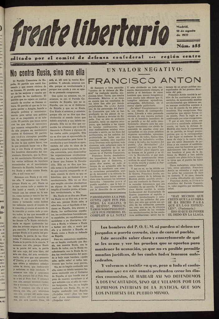 Miniatura de Frente Libertario: Órgano de las Milicias Confederales del 10 de agosto de 1937