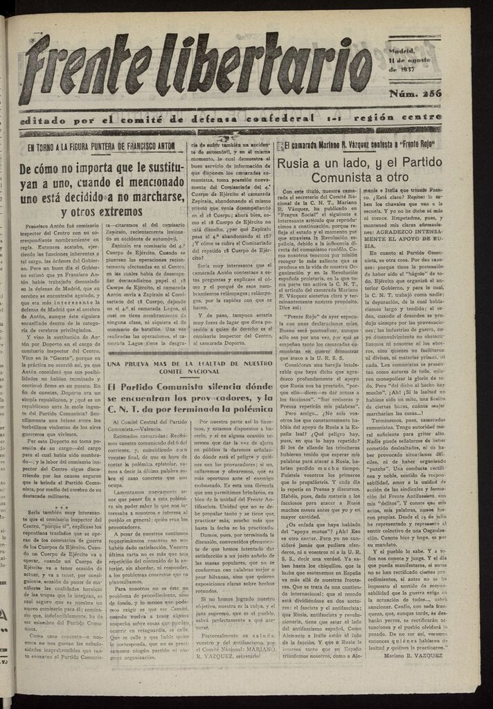 Miniatura de Frente Libertario: Órgano de las Milicias Confederales del 11 de agosto de 1937