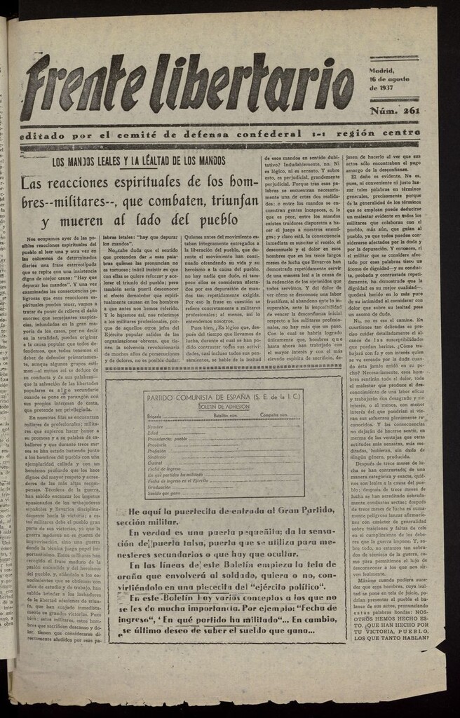 Miniatura de Frente Libertario: Órgano de las Milicias Confederales del 16 de agosto de 1937
