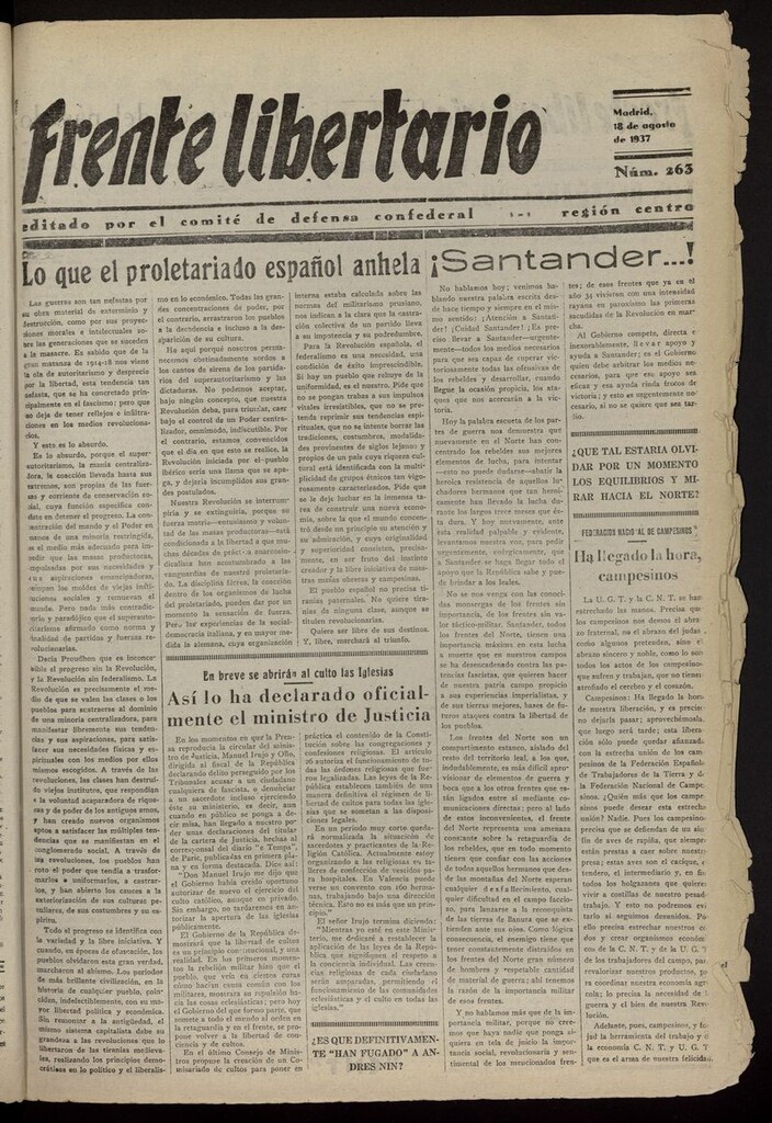 Miniatura de Frente Libertario: Órgano de las Milicias Confederales del 18 de agosto de 1937