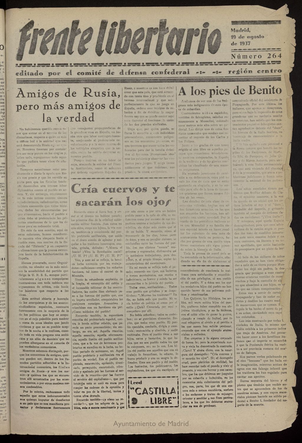 Miniatura de Frente Libertario: Órgano de las Milicias Confederales del 19 de agosto de 1937
