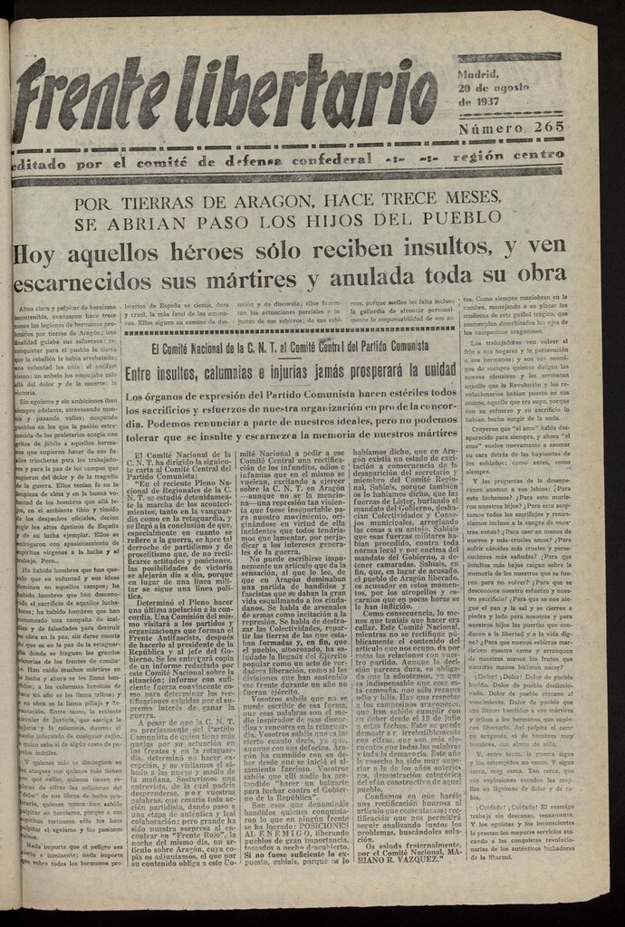 Miniatura de Frente Libertario: Órgano de las Milicias Confederales del 20 de agosto de 1937