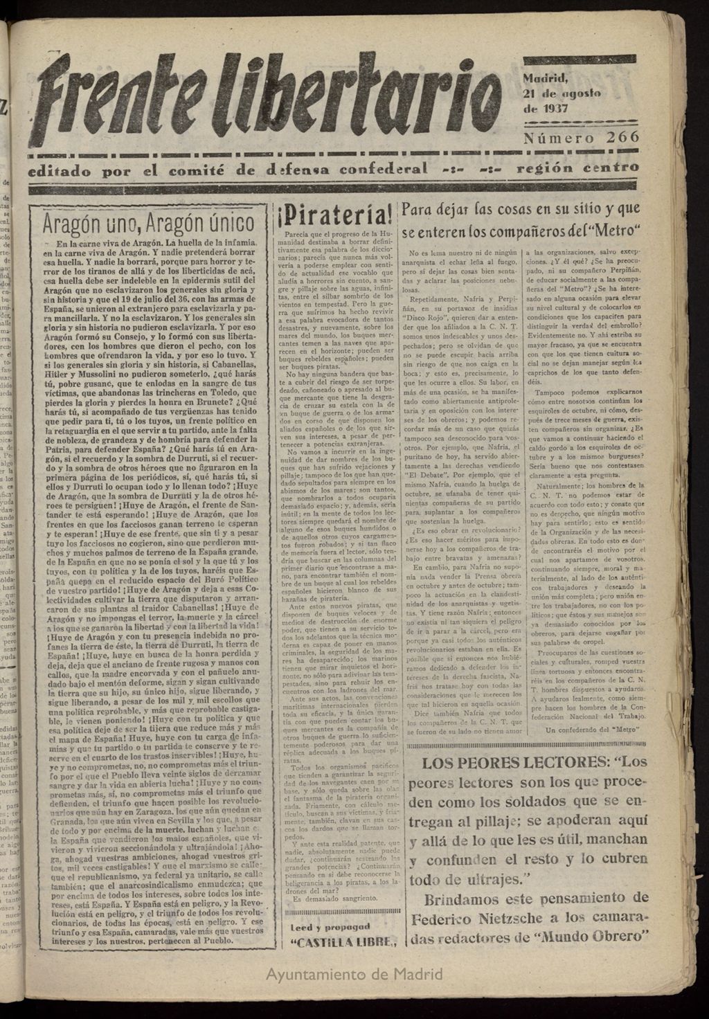 Miniatura de Frente Libertario: Órgano de las Milicias Confederales del 21 de agosto de 1937