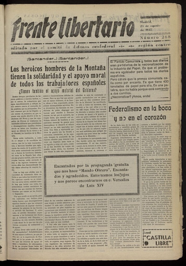 Miniatura de Frente Libertario: Órgano de las Milicias Confederales del 23 de agosto de 1937