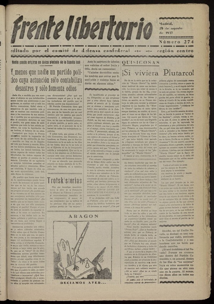 Miniatura de Frente Libertario: Órgano de las Milicias Confederales del 29 de agosto de 1937