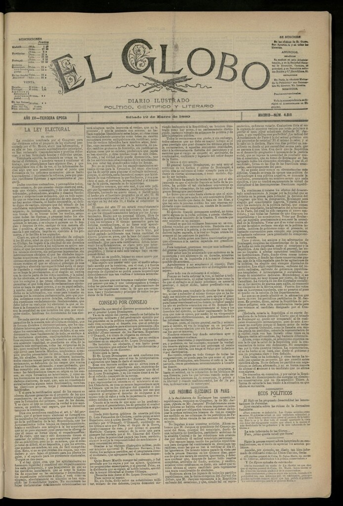 Miniatura de El Globo : diario ilustrado del 12 de enero de 1889, nº 4818