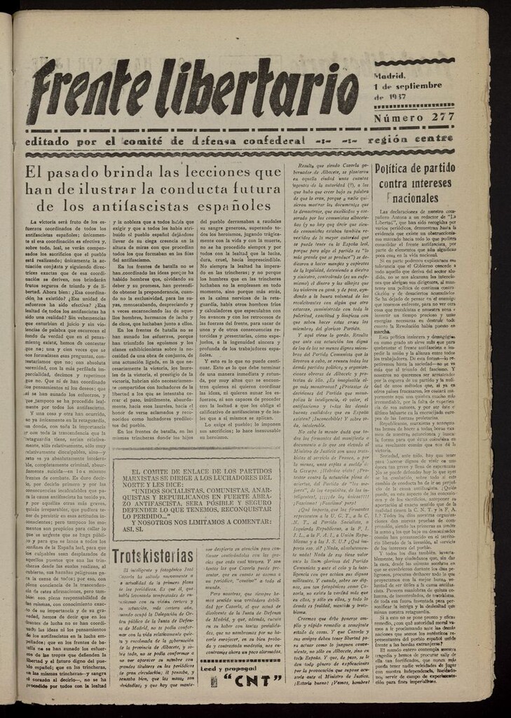 Miniatura de Frente Libertario: Órgano de las Milicias Confederales del 1 de septiembre de 1937